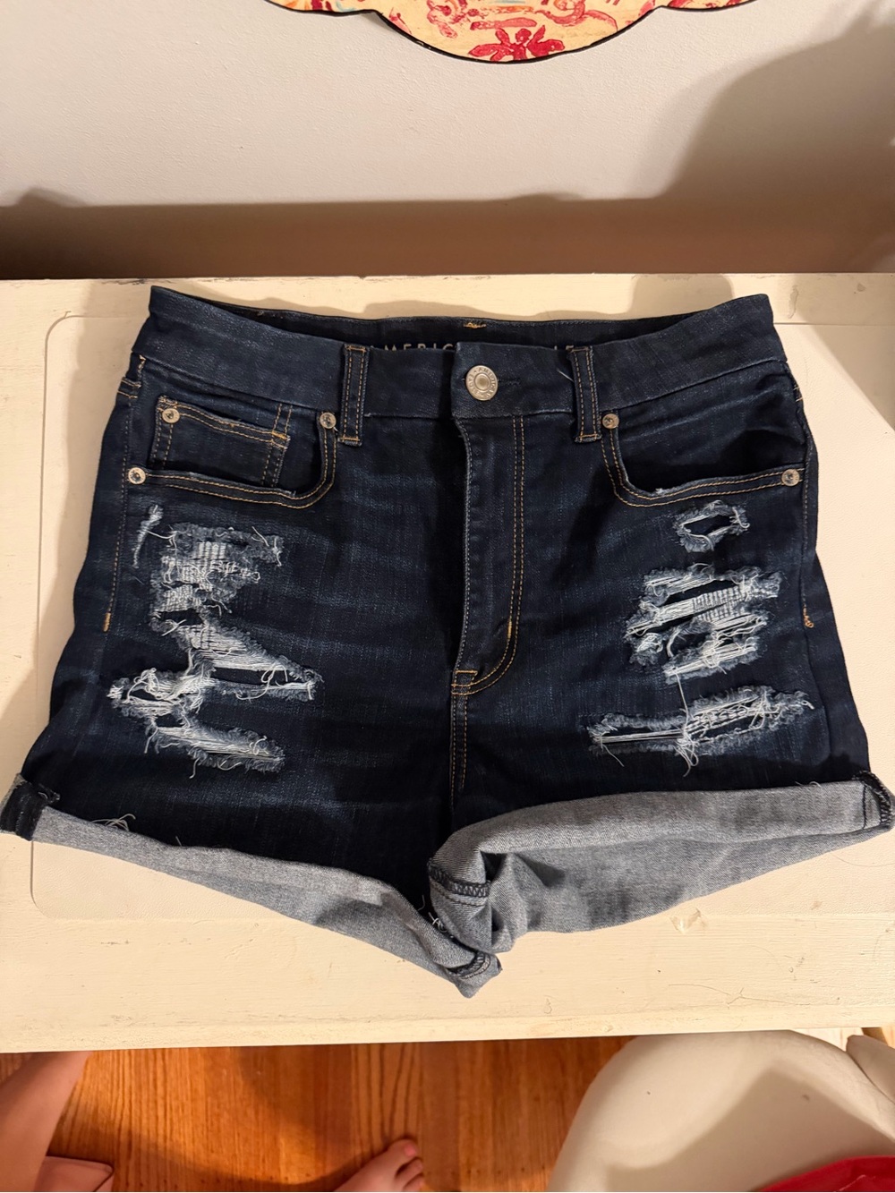 American Eagle Outfitters Dark Blue Distressed Rolled-Hem Jean Shorts